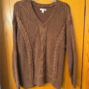 Sonoma Women’s Chestnut Brown Cable V-Neck Sweater